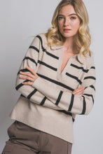 Load image into Gallery viewer, Beige Black V-neck Striped Polo Sweater
