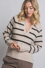 Load image into Gallery viewer, Beige Black V-neck Striped Polo Sweater
