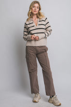Load image into Gallery viewer, Beige Black V-neck Striped Polo Sweater
