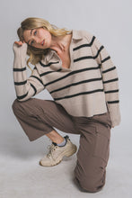 Load image into Gallery viewer, Beige Black V-neck Striped Polo Sweater
