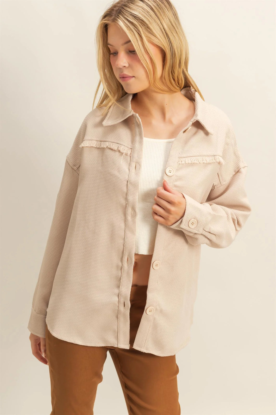 Beige Fray Detail Shacket