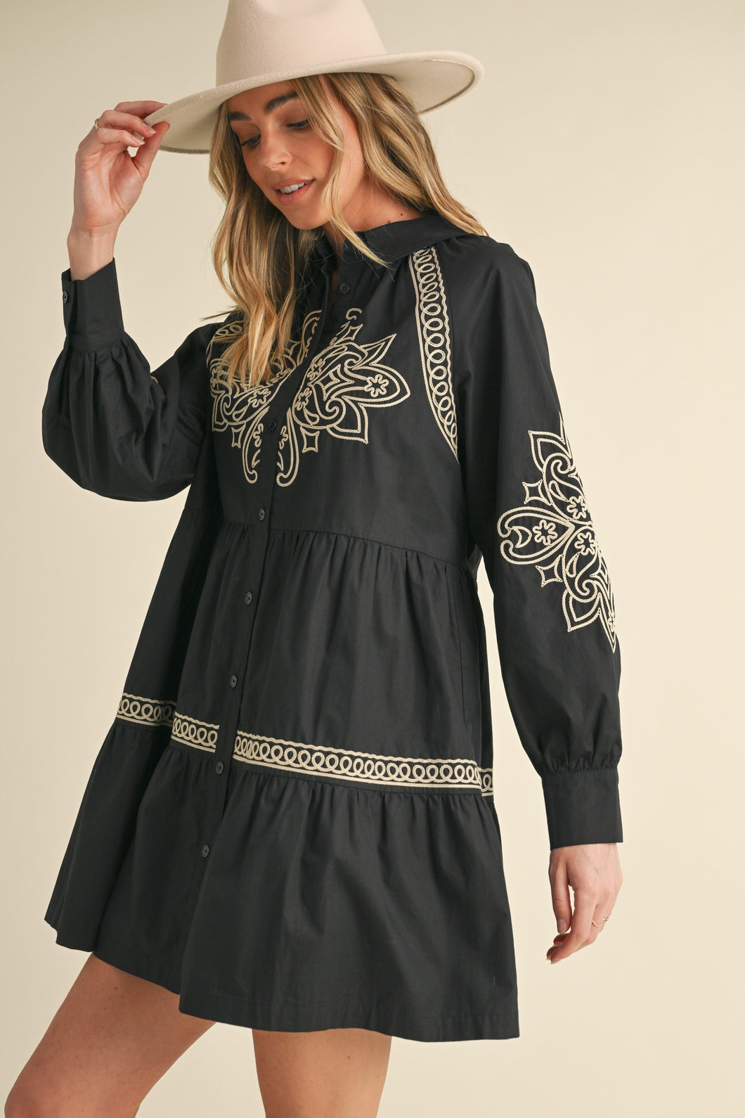 Black Embroidered Button Down Mini Dress