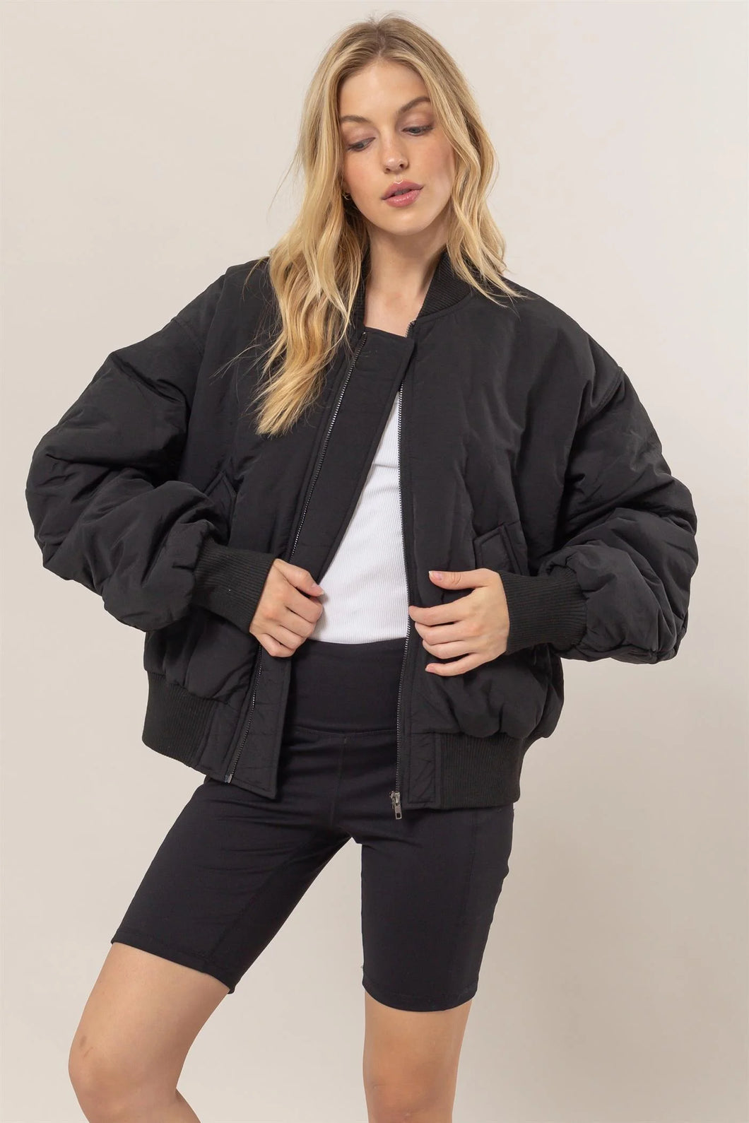 Black Oversized Bomber Puffer Jacket