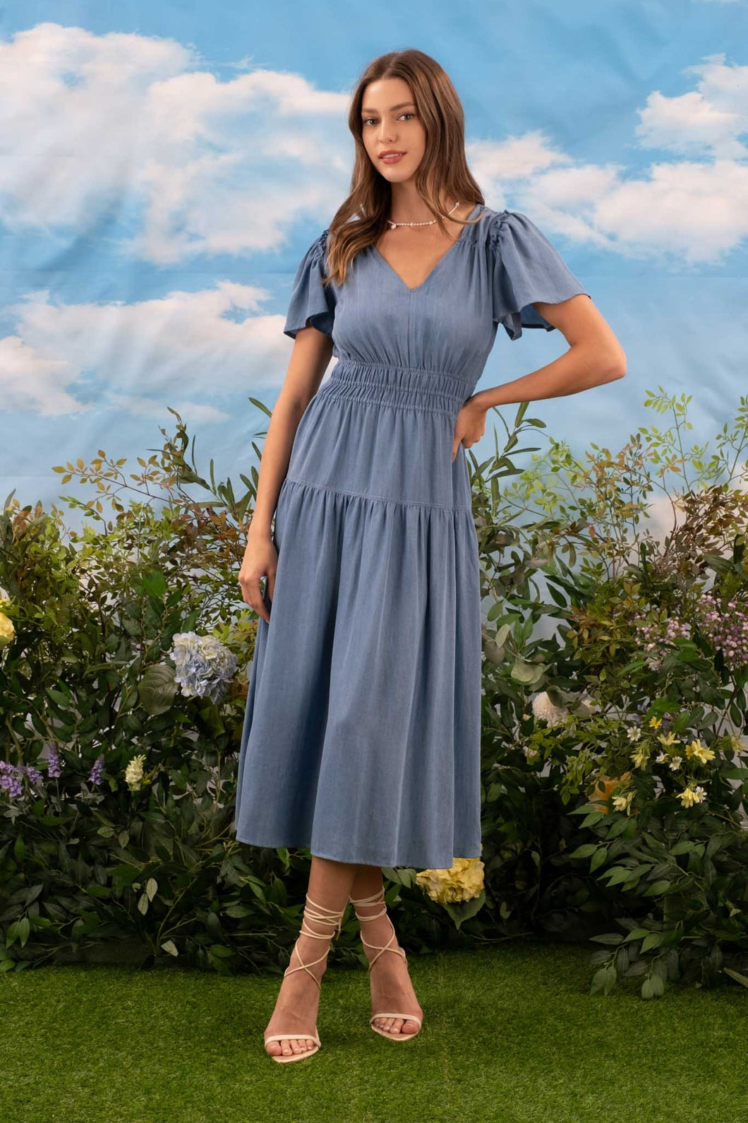 Blue V-Neck Short Sleeve Midi Dress