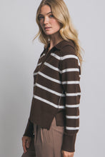 Load image into Gallery viewer, Brown White V-neck Striped Polo Sweater
