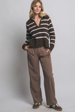 Load image into Gallery viewer, Brown White V-neck Striped Polo Sweater
