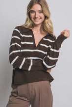 Load image into Gallery viewer, Brown White V-neck Striped Polo Sweater
