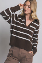 Load image into Gallery viewer, Brown White V-neck Striped Polo Sweater
