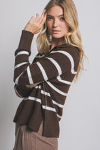 Load image into Gallery viewer, Brown White V-neck Striped Polo Sweater
