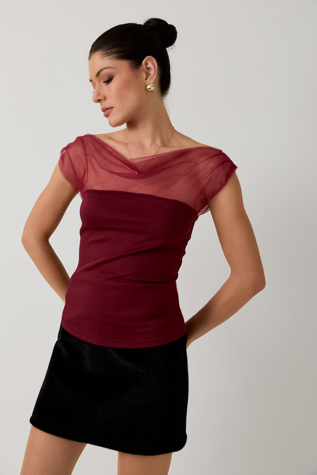Burgundy Mesh & Ponti Mix Drape Top