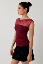 Load image into Gallery viewer, Burgundy Mesh &amp; Ponti Mix Drape Top
