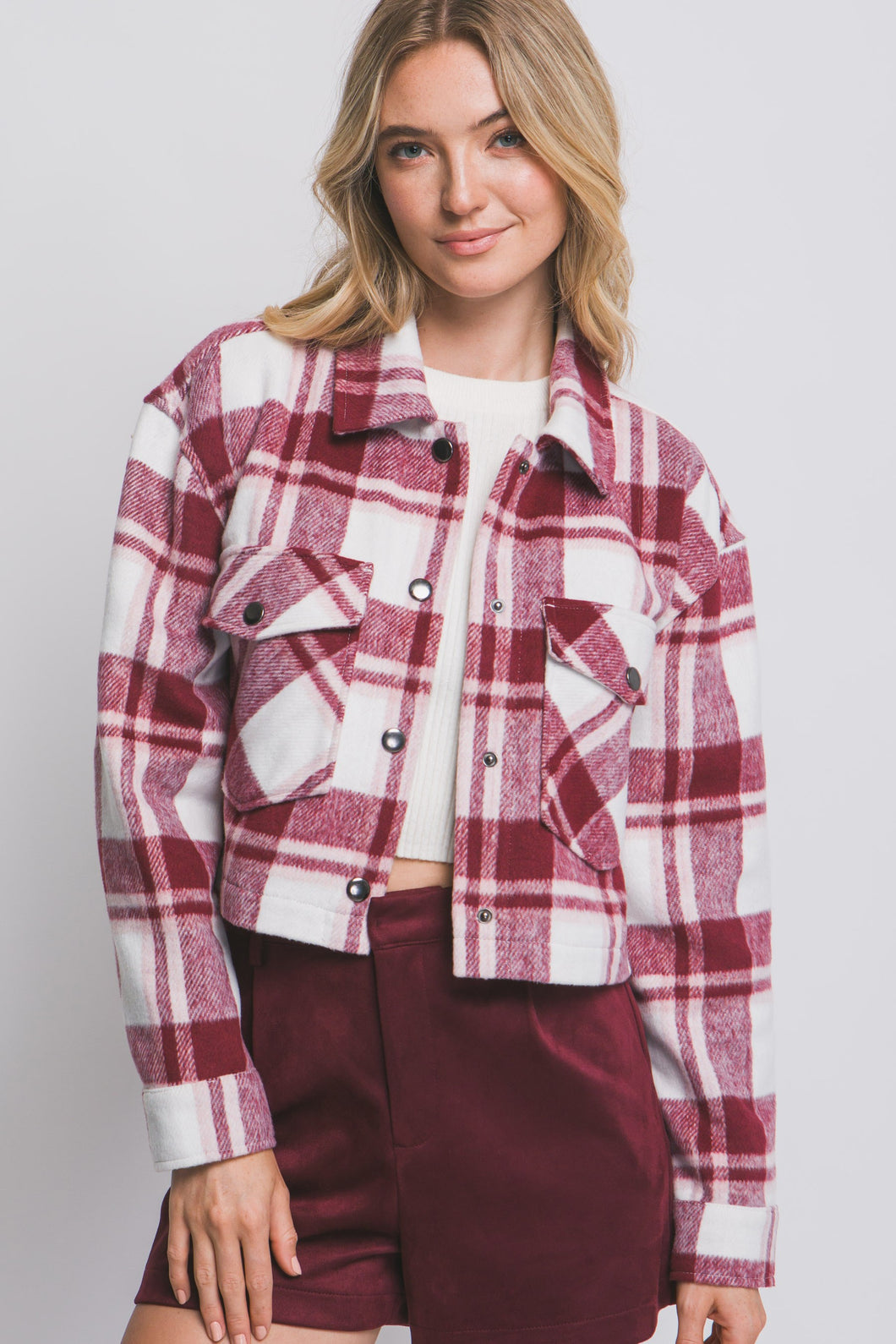 Burgundy Plaid Cropped Button Down Jacket