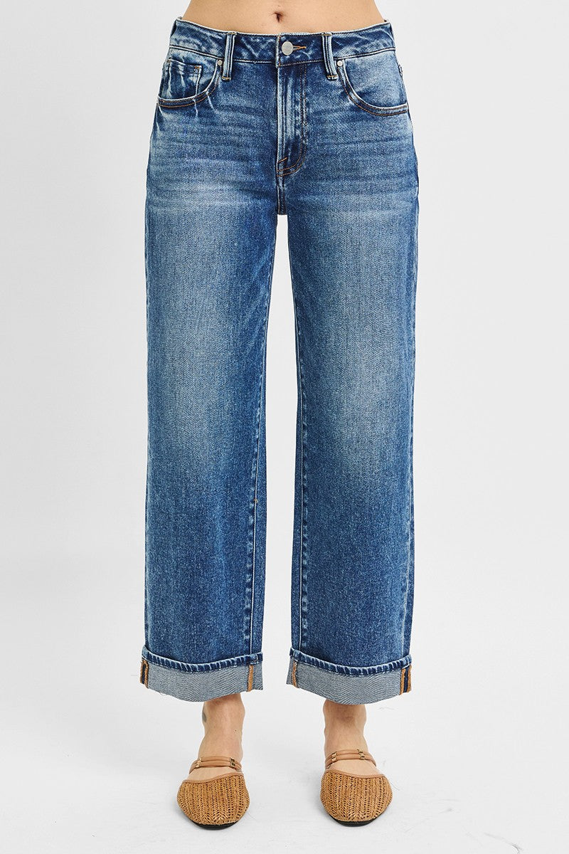 Dark Wash Mid Rise Cuffed Ankle Jeans