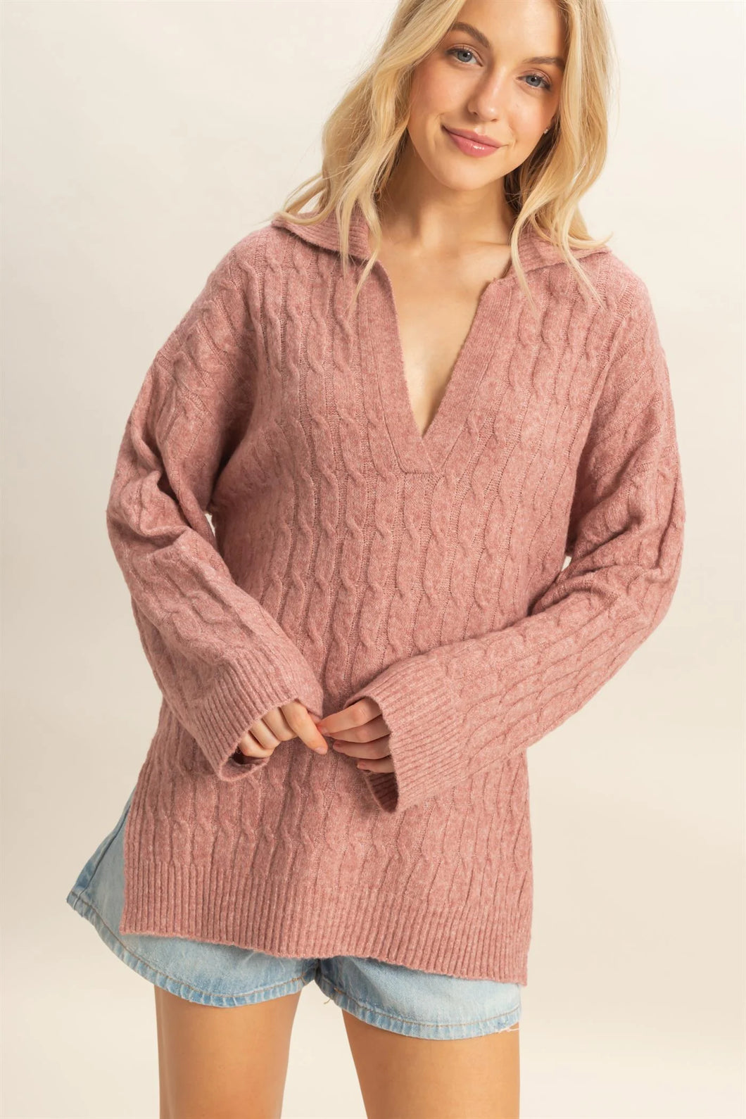 Dusty Pink Collared Cable Sweater
