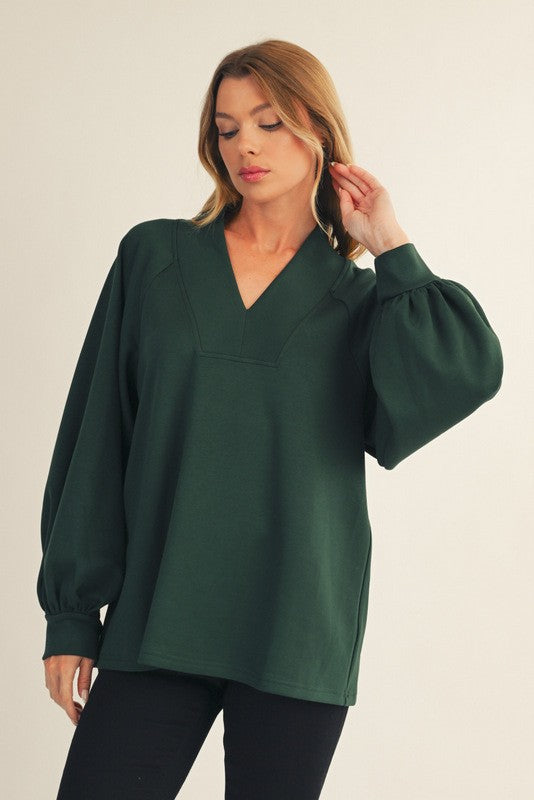Hunter Green Raglan Sleeve Solid V-Neck Sweater Top
