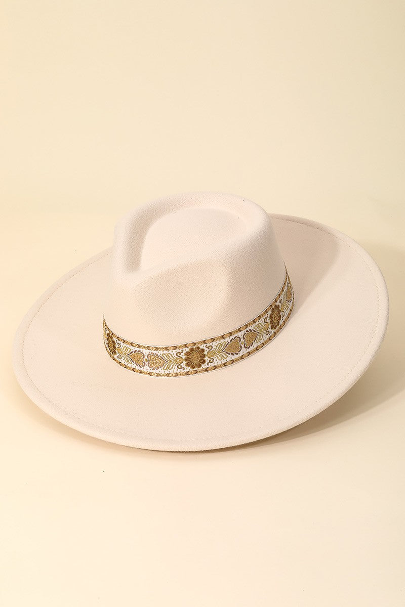 Ivory Embroidered Strap Fedora Hat