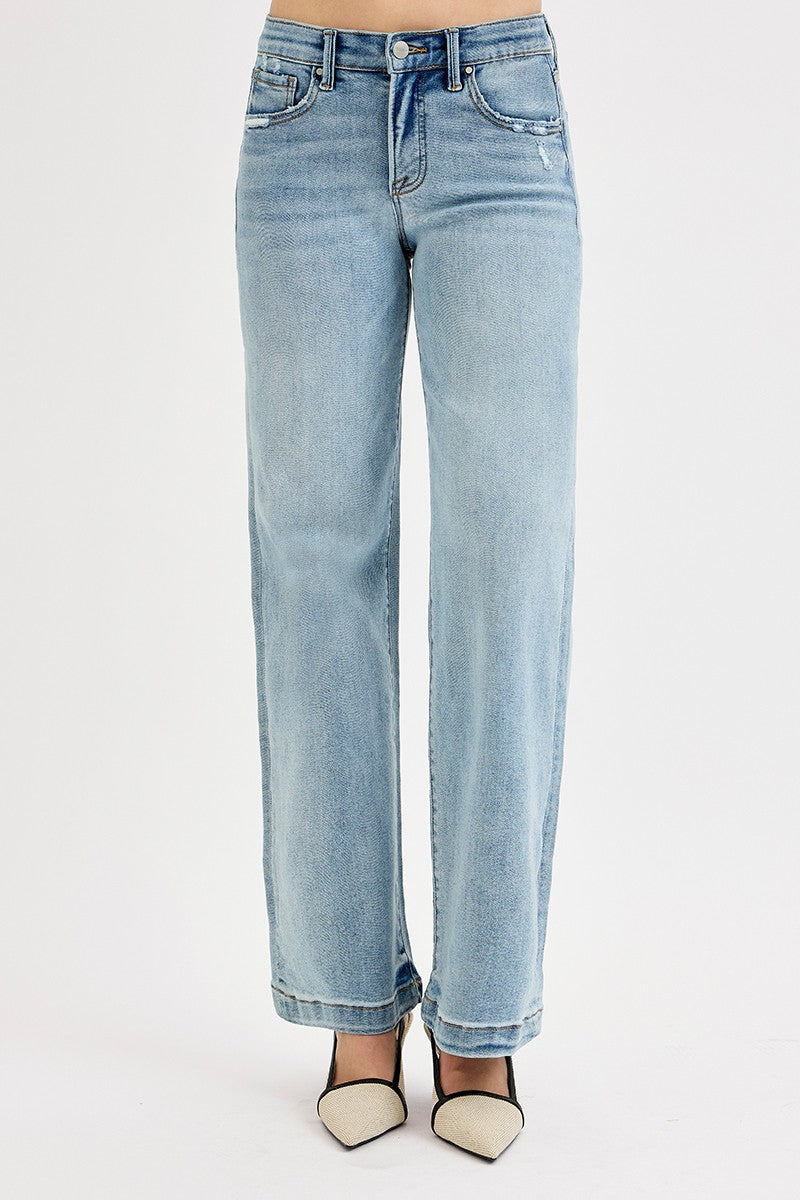 Light Wash Mid Rise Wide Leg Distressed Jeans