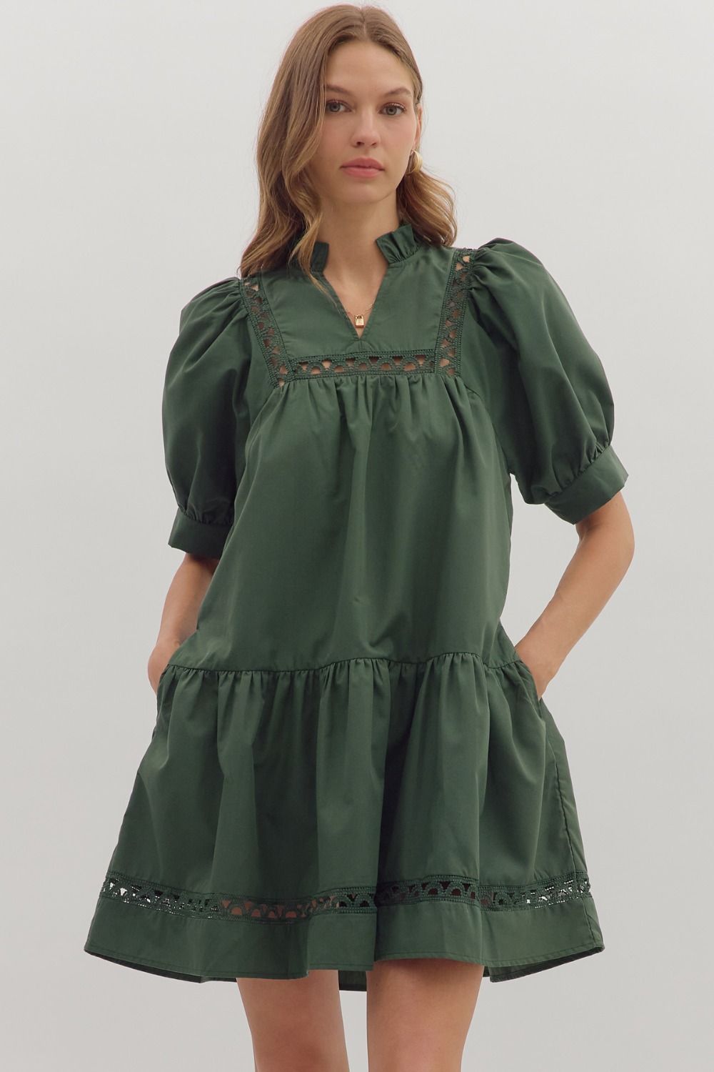Pine Puff Sleeve Mini Dress
