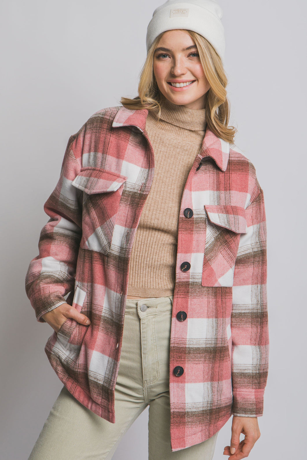 Pink Plaid Button Up Jacket With Sherpa Lining