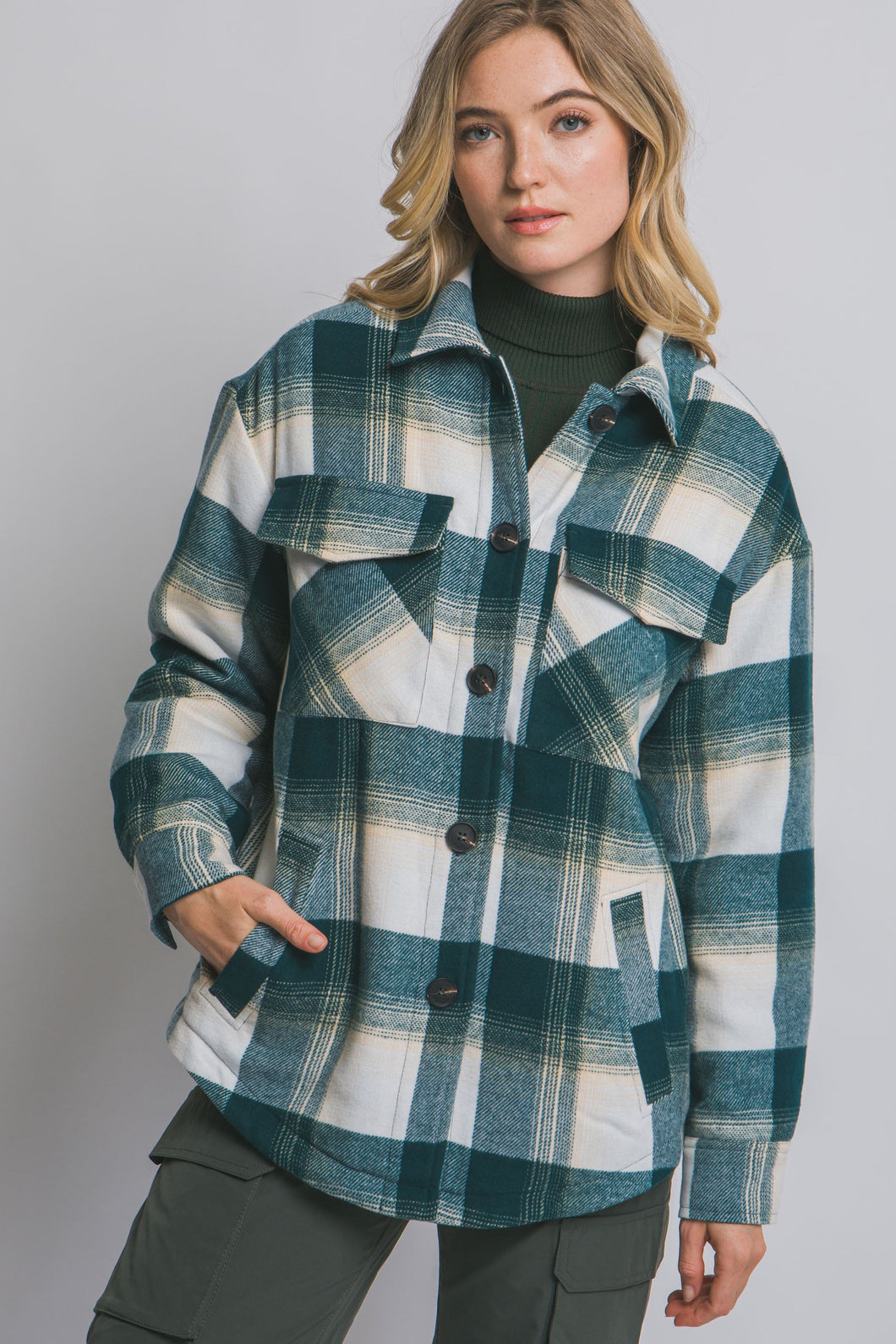 Teal Plaid Button Up Jacket With Sherpa Lining