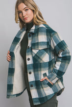 Load image into Gallery viewer, Teal Plaid Button Up Jacket With Sherpa Lining
