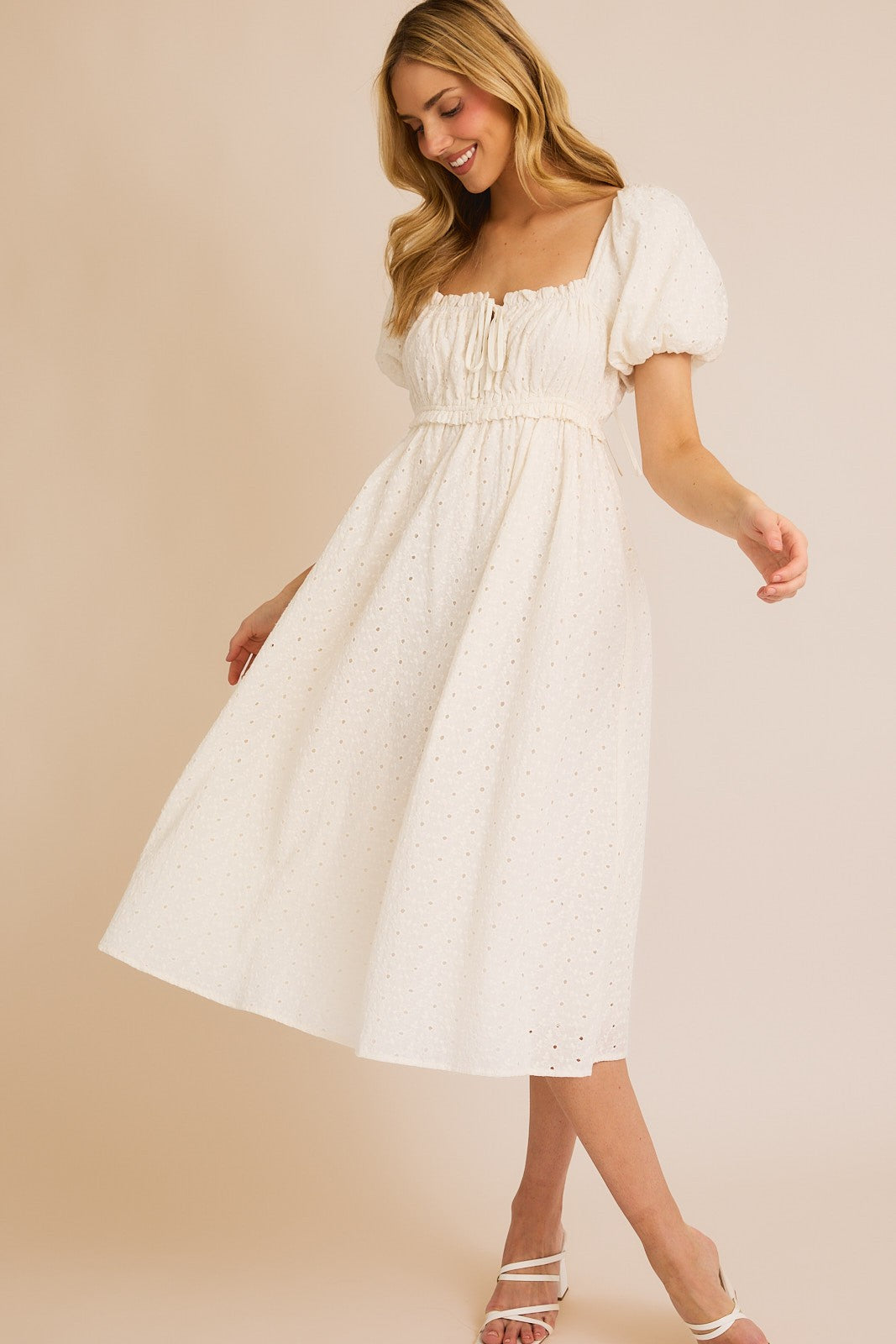 knee length dresses for ladies White Puff Sleeve Midi Dress – Blooming Confidence
